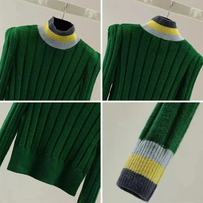 2024 Autumn Winter Turtleneck Striped Sweater Women Korean Style Womens Clothes Long Sleeve Knitted Crop Top Pullover Pull Femme