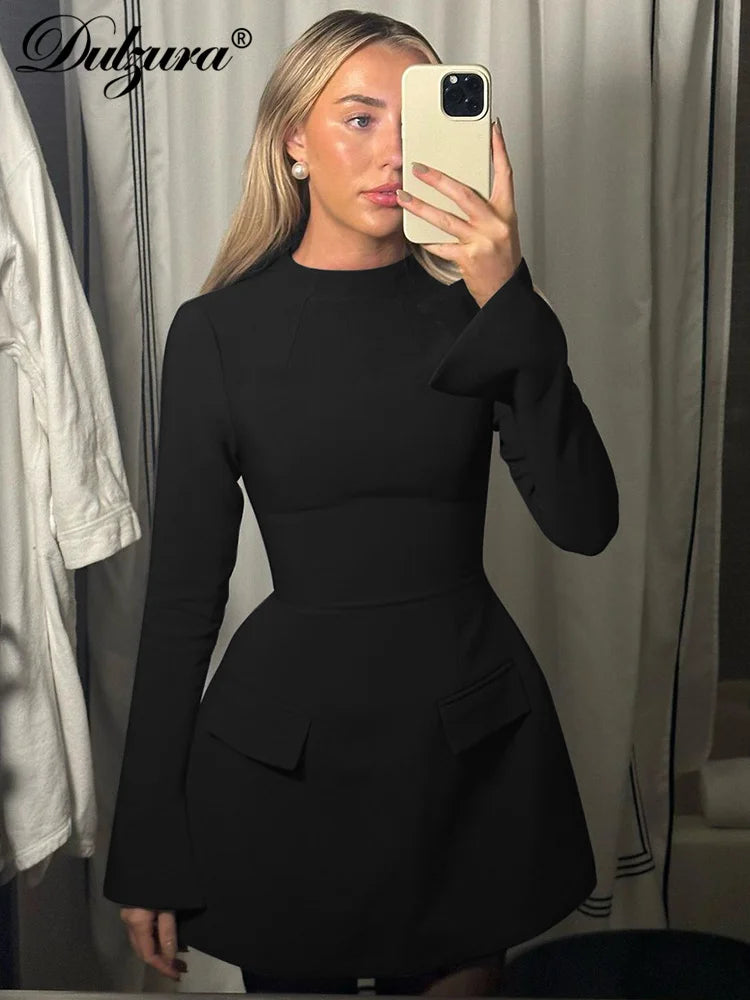 Dulzura Long Sleeves Zipper Bodycon Mini Dress With Pocket Solid Elegant Outfit Office Streetwear Women’S Autumn Winter Clothes