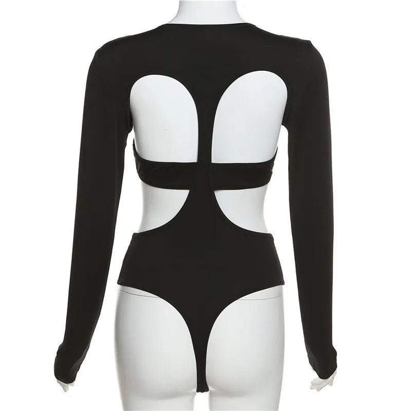 Streetwear Y2k Sexy Irregular Hollow Out Rompers Women's Bodysuits Fashion Long Sleeves Bodycon Tops Jumpsuits Party Clubwear