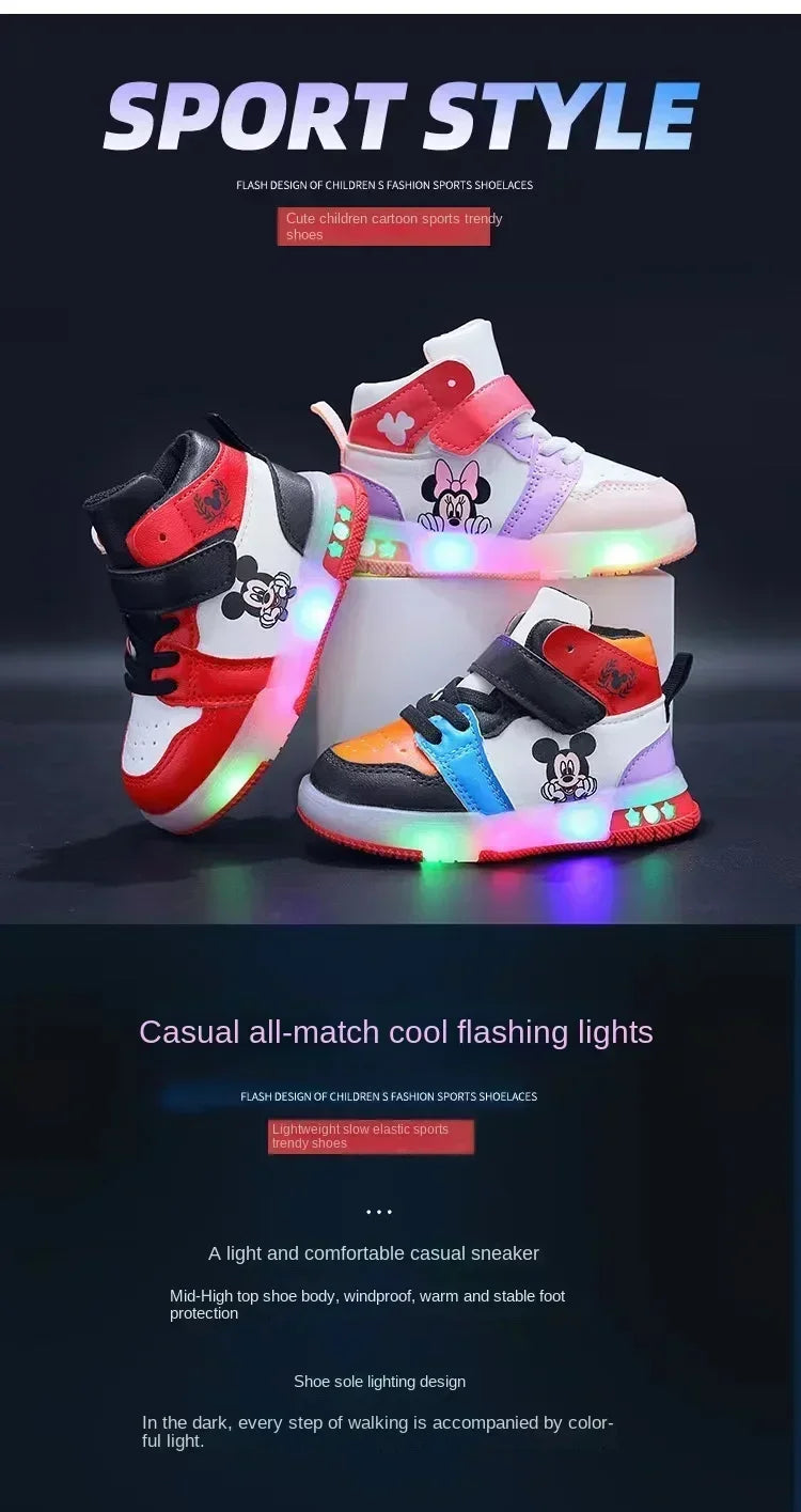 Disney Children's Sneakers Boys Girls Mickey Led Light Sport Shoes Student Shoes Hook Anti-slip Kids Outdoor Shoes Basket Shoes
