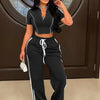 Fashion Casual Short Hoodie 2 Piece Women Summer Zipper Top Short Sleeved Sports T Shirt Stripe Splicing Long Pants Female Suit