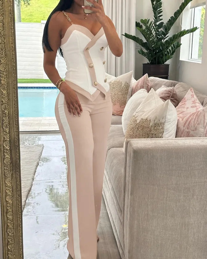 Spring Summer Sleeveless Suit Fashion Print Two Piece Sets Women Sexy V-neck Button Metal Sling Top & Wide Leg Pants Outfits
