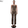 HLJ Sexy Leopard Print Bodycon Jumpsuits Women Thin Strap Sleeveless V Neck Wide Leg Pants Playsuit Female Overall With Scarf