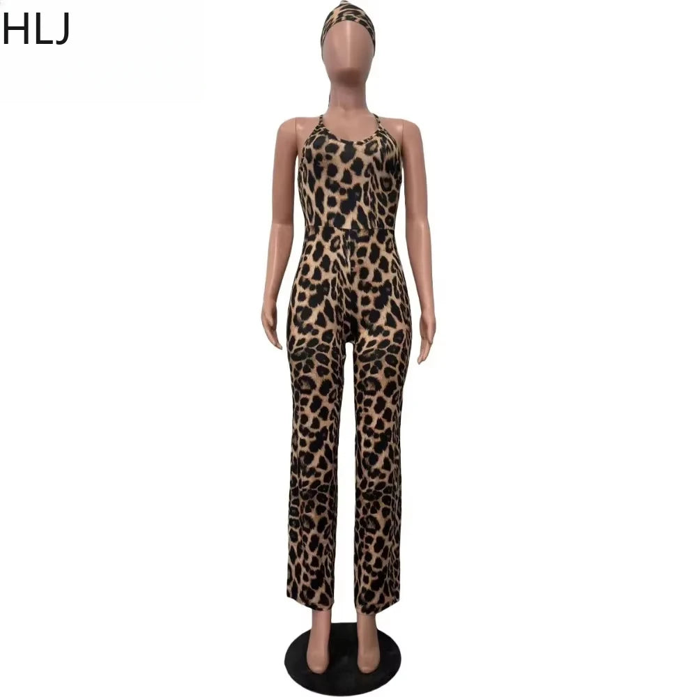 HLJ Sexy Leopard Print Bodycon Jumpsuits Women Thin Strap Sleeveless V Neck Wide Leg Pants Playsuit Female Overall With Scarf