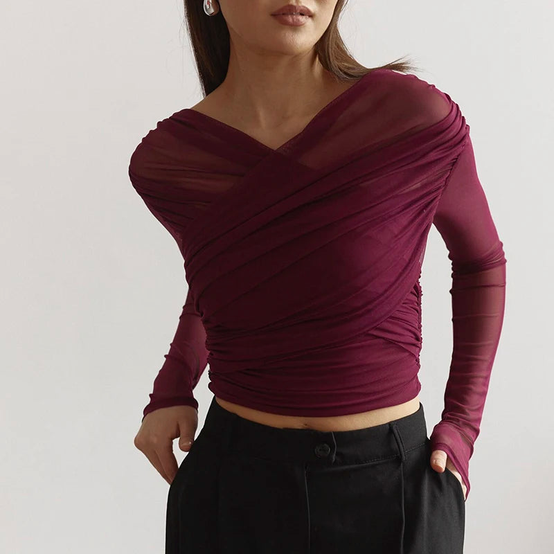 CUTENOVA Chic Design Cross Neck Crop Top Solid Color Mesh See Through Sexy Pleated Long Sleeve Elegant T-Shirt For Women Casual