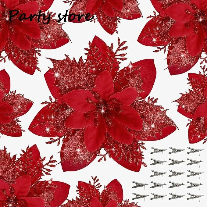 Silver Glitter Christmas Flowers Silver Xmas Tree Artifical Flower Ornaments Merry Christmas Decoration For Home Party New Year