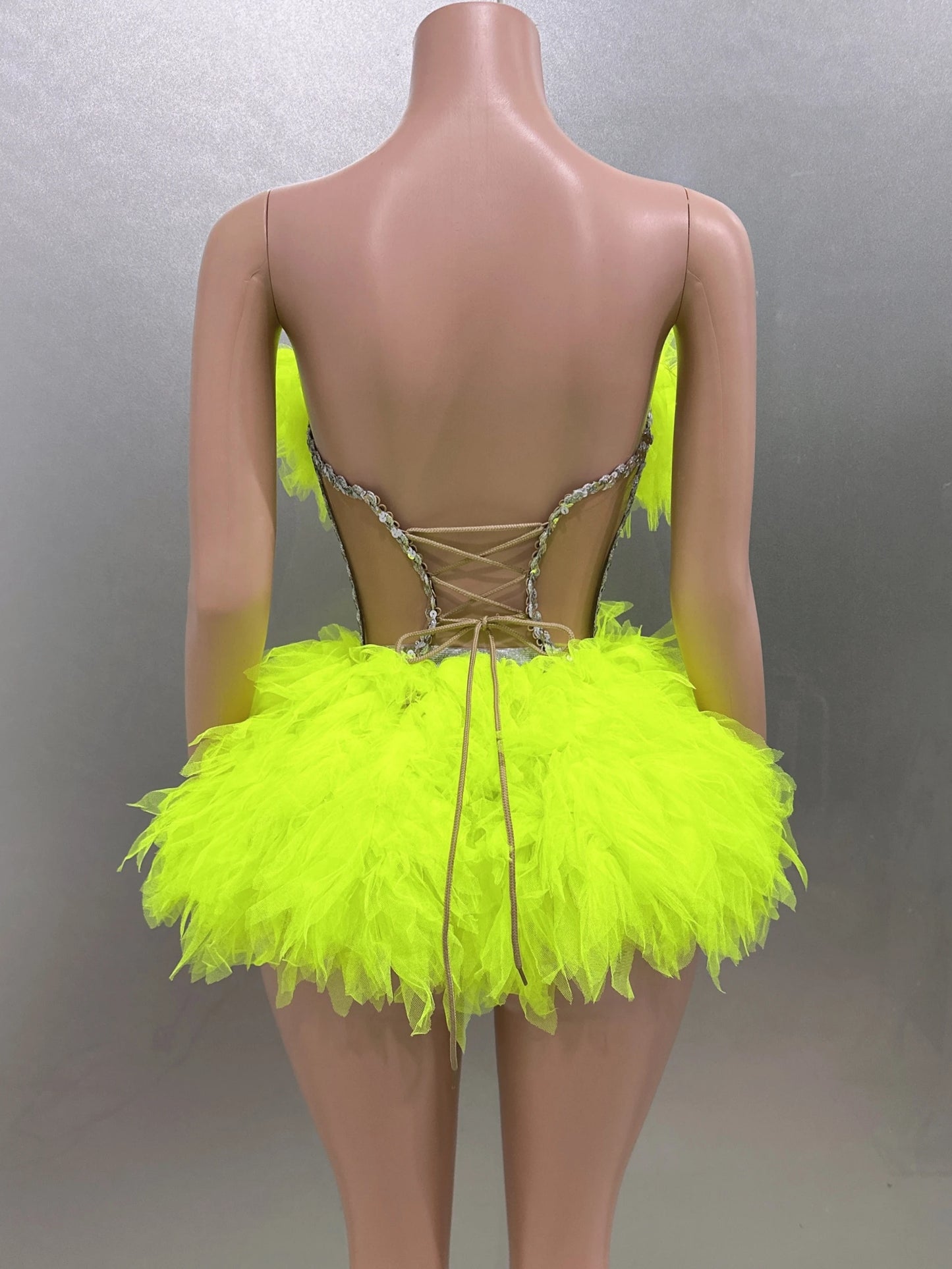Hot Sale Women Sexy Mesh Ruffles Ball Gown Mini 2 Pieces Dress Lace-up Crystal Birthday Party Celebrate Nightclub Wear