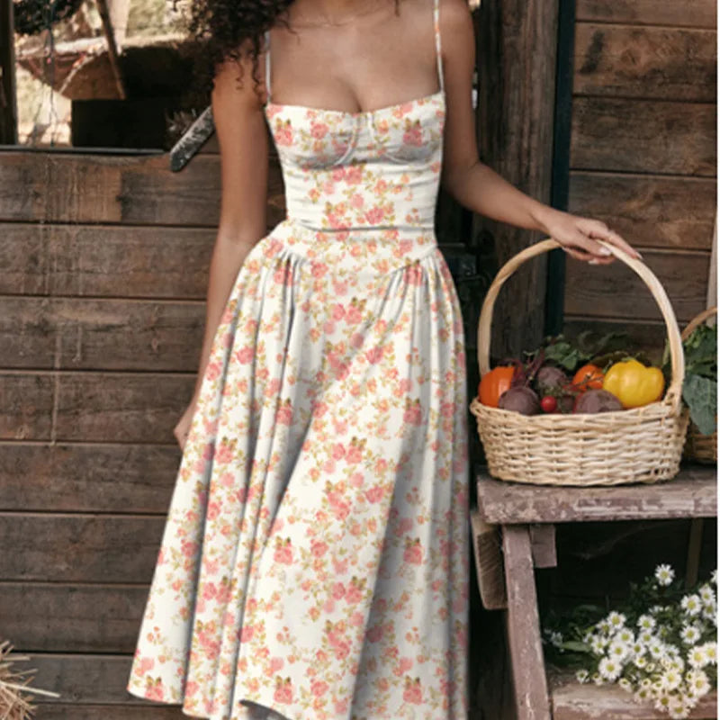 2024 Summer Sexy Spaghetti Strap Long Dresses Slim French Vintage Elegantes Style Suspender Party Dress Vestidos Robes Longues