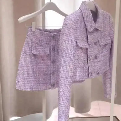 New Luxury High End Tweed Women's Two Pieces Set Elegant Lapel Double Breasted Slim Short Coat + Mini Skirt Fashion Suit