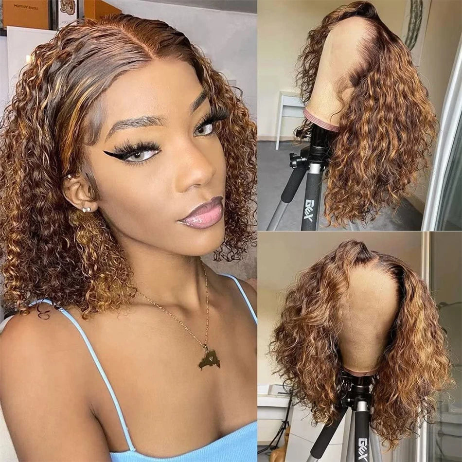 4/27 Deep Water Wave Short Bob Wigs Highlight Curly 13x4 Lace Front Wig Brazilian 100% Real Human Hair Wig Ombre Brown Short Wig