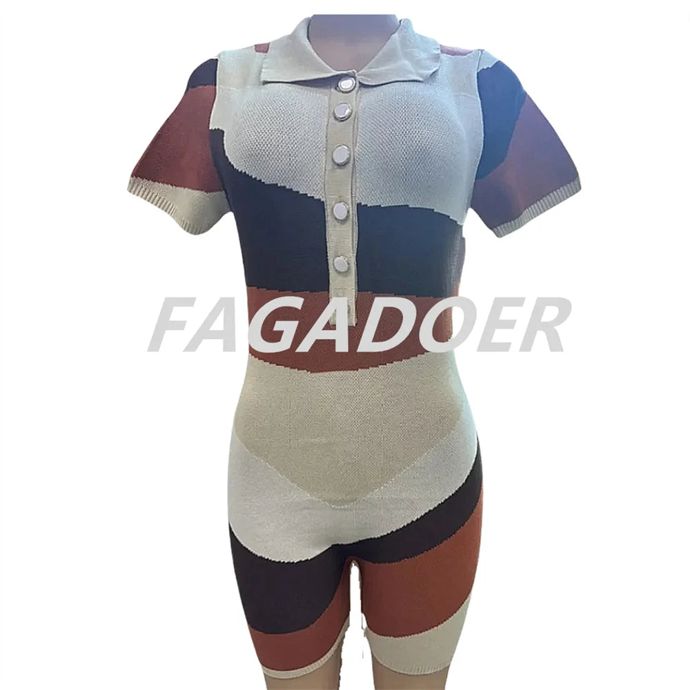 FAGADOER Fashion Knitting Color Stitching Bodycon Rompers Women V Neck Button Short Sleeve One Pieces Jumpsuits Female Overalls
