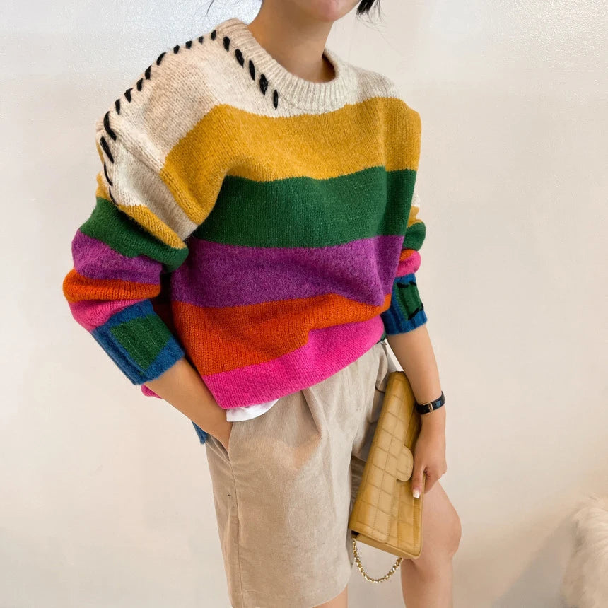 Chic Vintage Contrast Oversized Sueter Fairy Grunge Pullover O Neck Rainbow Sweaters Winter Striped Knitting Sweater Women
