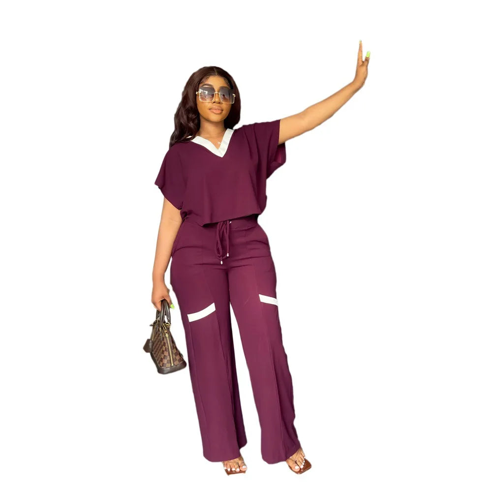 Elegant Women's Casual Short Sleeve T-shirt Sports Suit Summer Fashion Solid V Neck Short Top & Straight Pants Two Piece Sets