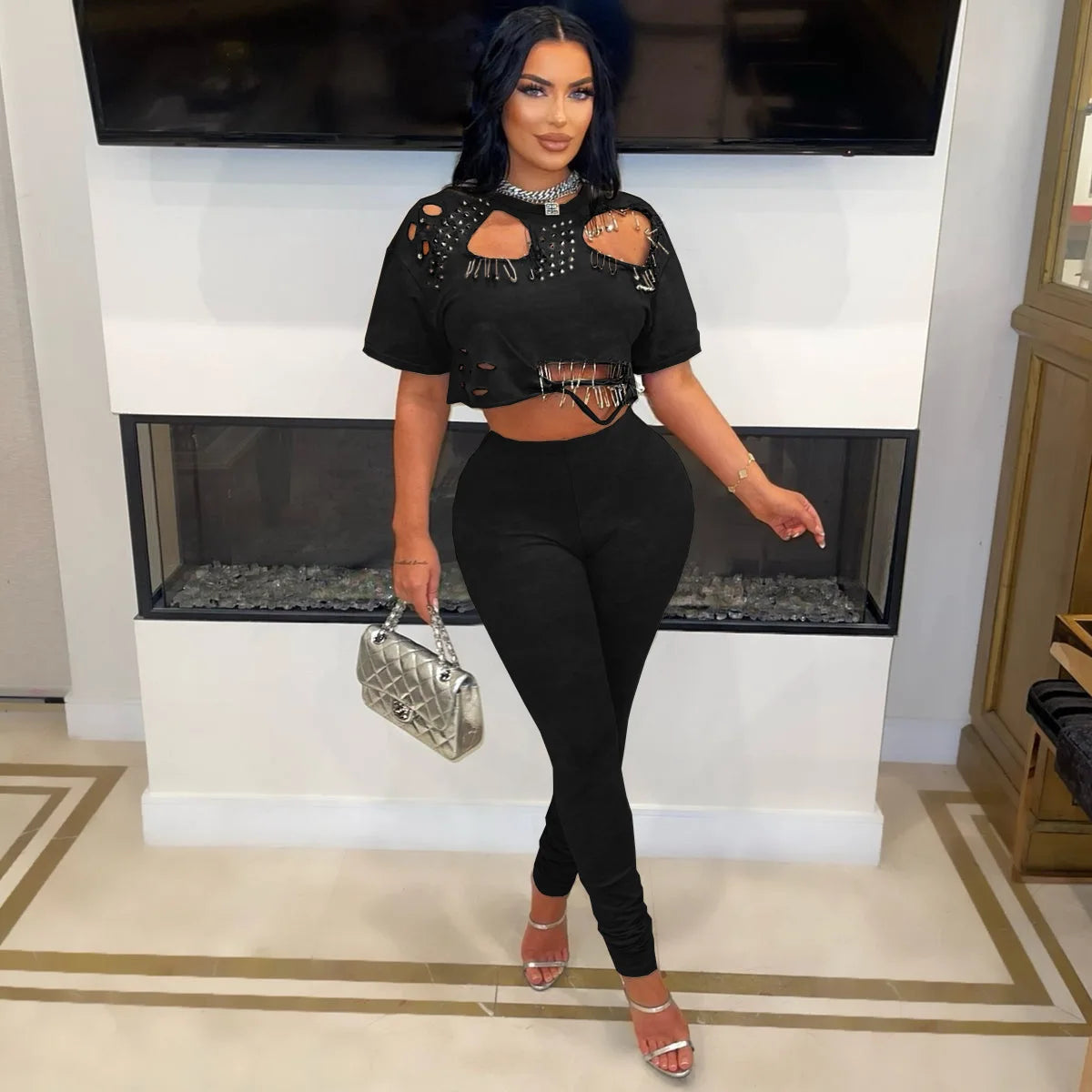 Spring Summer Fashion Solid Two Piece Set Women Sexy Perforated Round Neck Short Sleeve Top Tight Pants Casual Two Piece Set