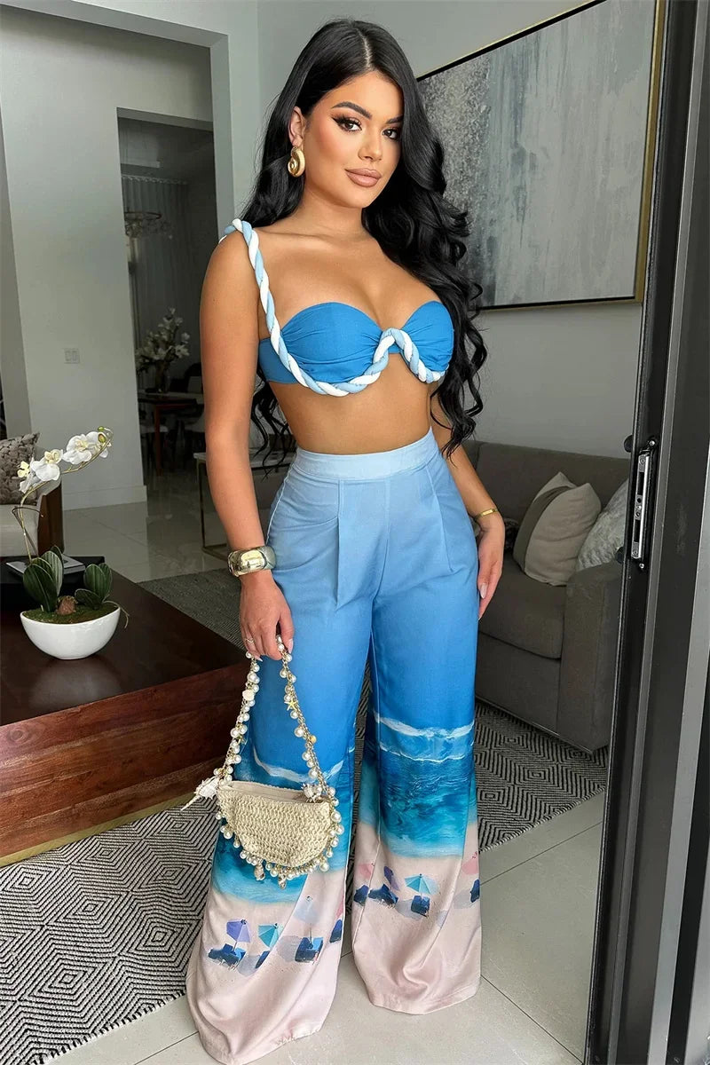 Sexy Nightclub Outfits for Women 2 Piece Set Birthday Vacation Bra Crop Top and Print Wide Leg Pants Matching Sets Beach Wear