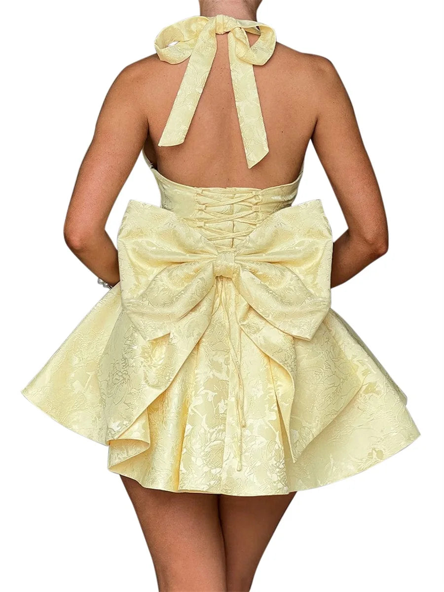 Women Halter Neck Short Dress Summer Jacquard Big Bow Backless Bandage Elegant Evening Party Dresses for Cocktail Prom Wedding