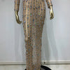 Festival Outfit Women High End Fashion Nude Color Rhinestone Mesh Long Sleeve O Neck Crop Top and Long Skirts Gala Two Piece Set
