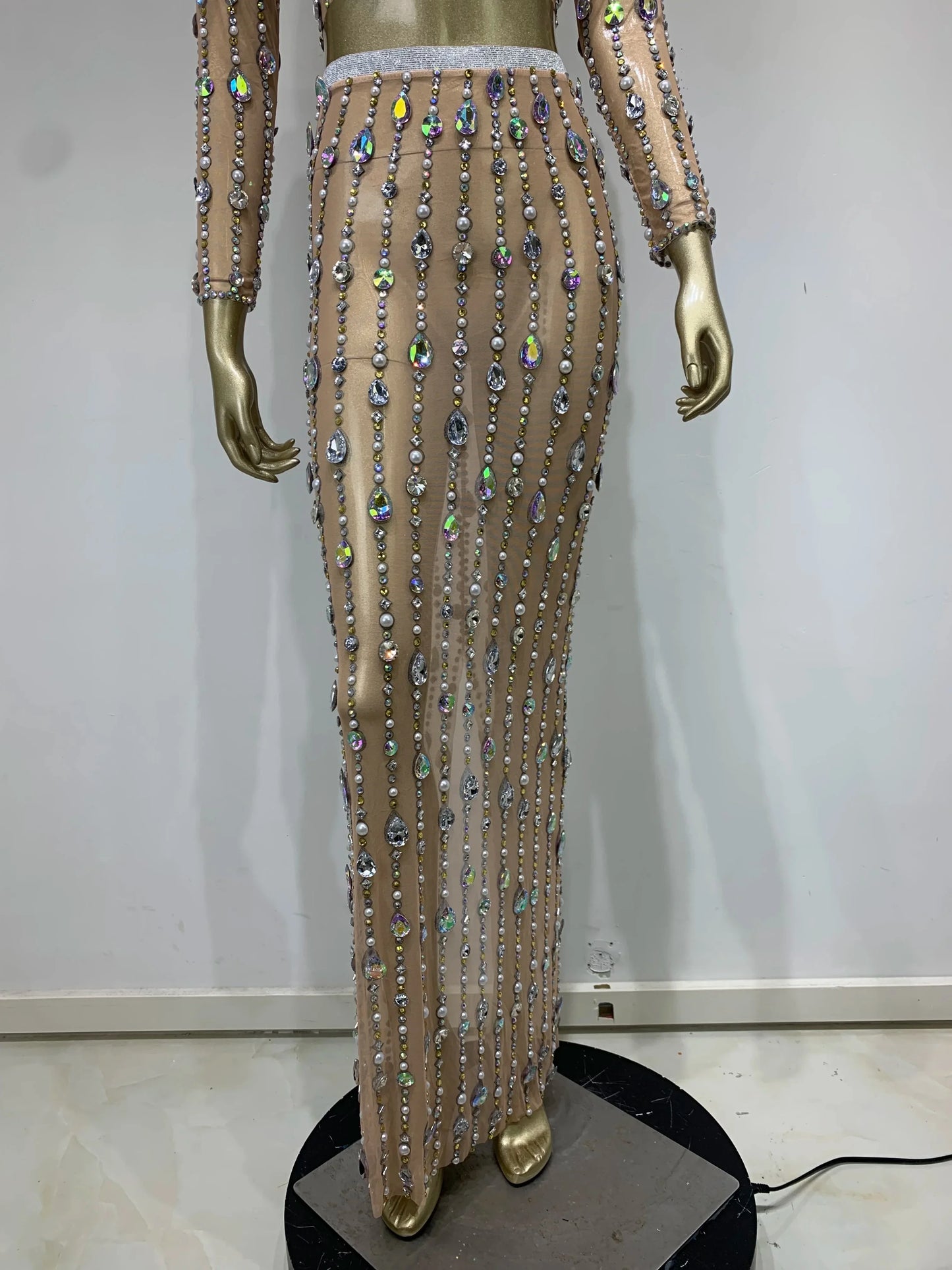 Festival Outfit Women High End Fashion Nude Color Rhinestone Mesh Long Sleeve O Neck Crop Top and Long Skirts Gala Two Piece Set