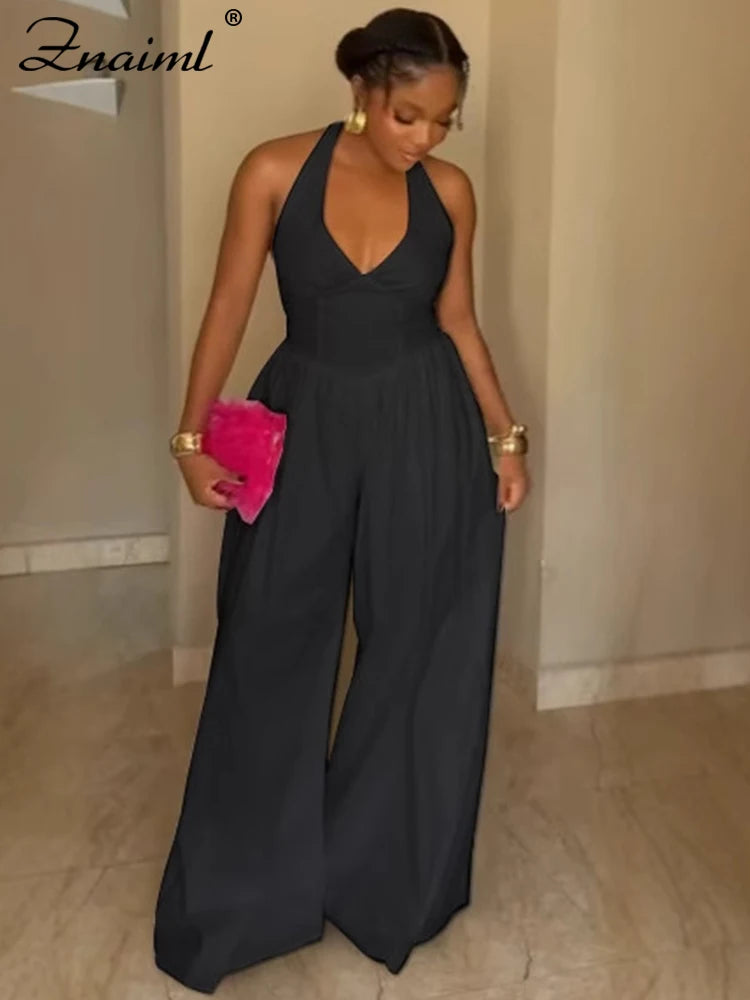 Znaiml Elegant Evening Gowns Biarthday Party One Pieces Wide Leg Pants Outfit for Women White Halter Backless Jumpsuit Rompers