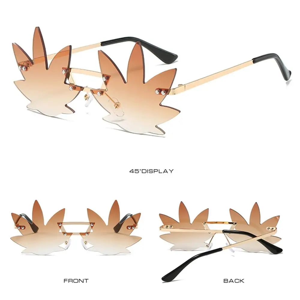 Novel Rimless Maple Leaf Shape Metal Sunglasses for Women Party Decorative Sun Glasses Men Unique Street Catwalk Prom Eyewear