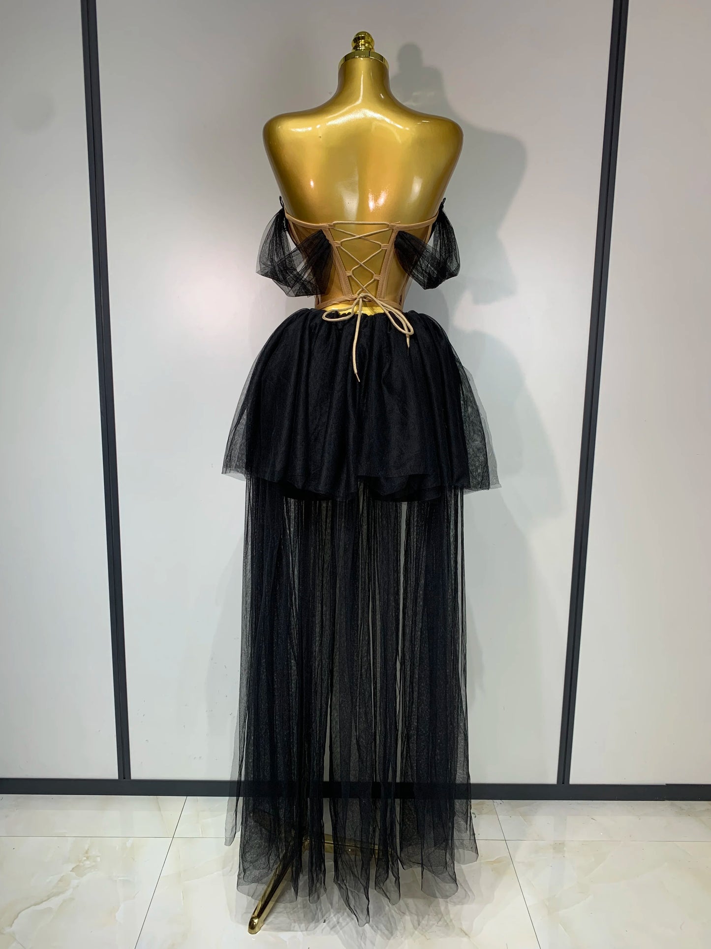 Women Sexy Strapless Pink Mesh Two Pieces Set Prom Gown Celebrate Birthday Nightclub Party Singer Stage Performance Costume