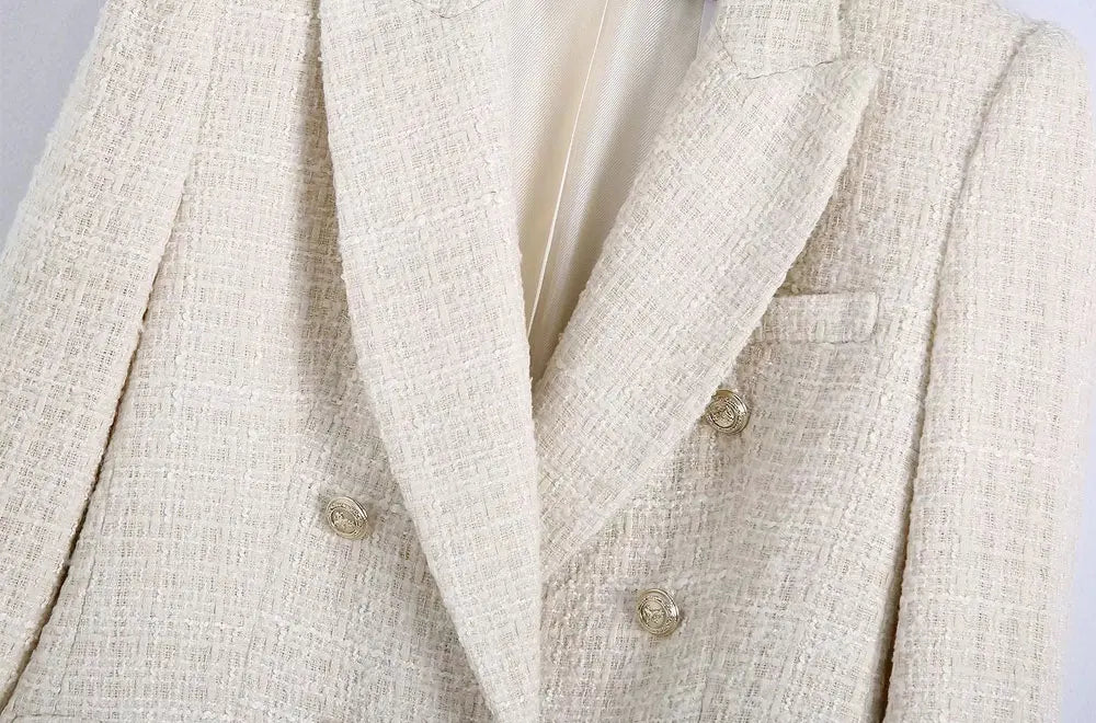 TRZA Women Fashion Tweed Double Breasted Blazer Coat Vintage Long Sleeve Flap Pockets Female Outerwear Chic Veste Femme