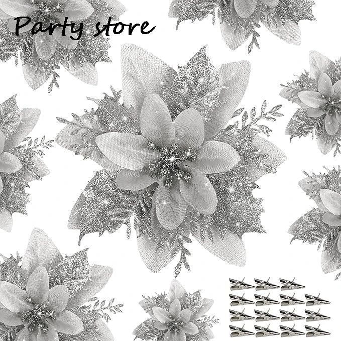Silver Glitter Christmas Flowers Silver Xmas Tree Artifical Flower Ornaments Merry Christmas Decoration For Home Party New Year