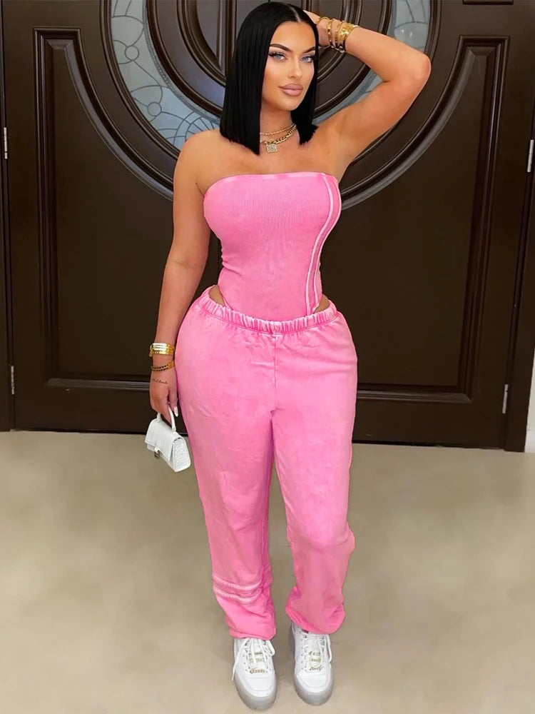 Sexy Tracksuit Cotton Washed Strapless Bodysuit and Jogger Pants Set 2025 Trendy Women Clothes Jogging Suit 2 pcs Two Piece Sets