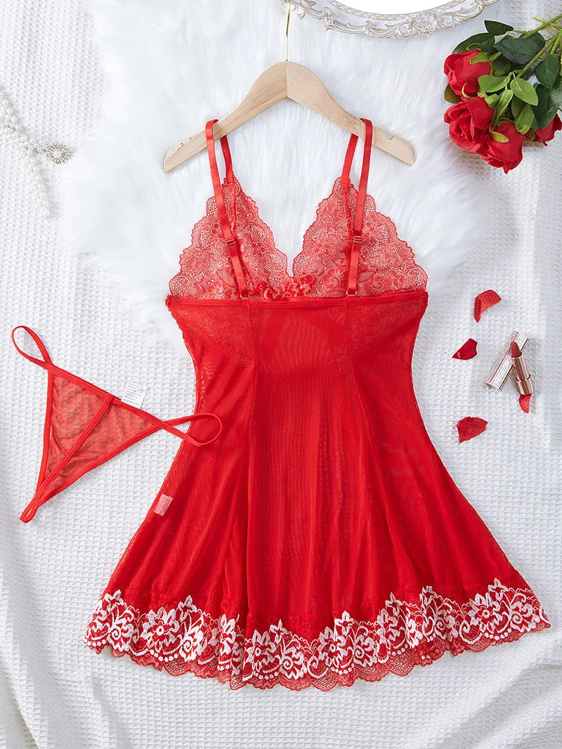 Short Sexy Deep V Women's Nightgown Embroidered Dress Fashions Pajamas Free Thong Night Sleepwear Suspender Baby Doll Lingerie
