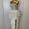 Stock 2025 Women Sexy Sparkly Rhinestone Mesh Feather Long Dress Elegant Evening Party Celebrate Birthday Performance Costume