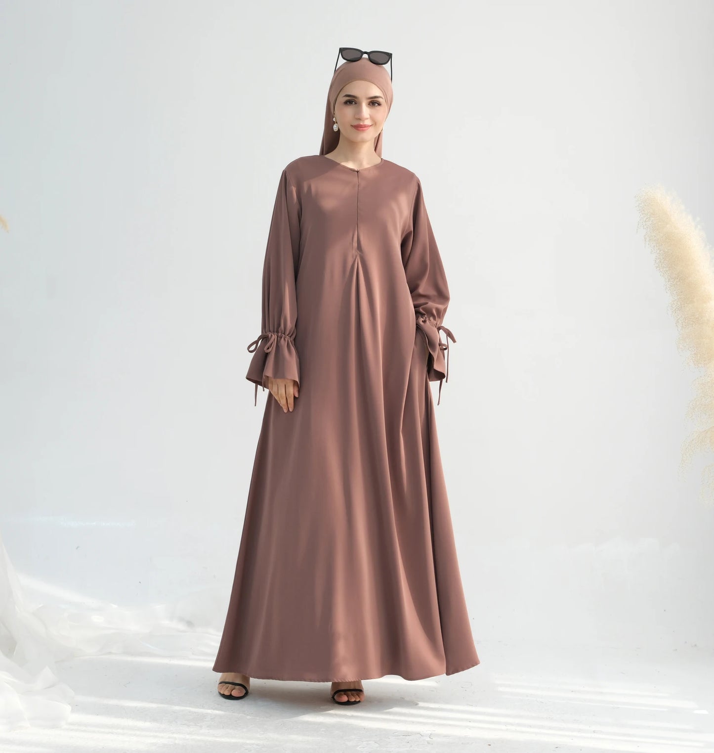 2025 Premium Nida Ruffle Sleeves Women Muslim Dress with Front Zipper Ramadan Abaya Islam Clothing Maxi Dress Female Modest Robe