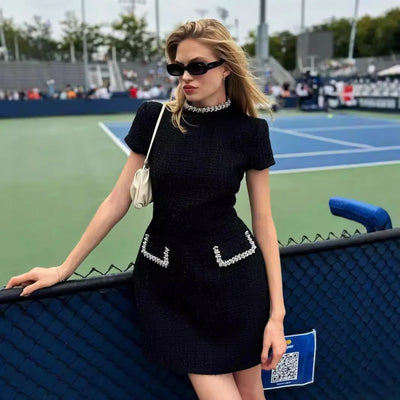 White Shoulder Pad Short Sleeve Party Dress Women's Elegant Tweed A-line O-neck Patchwork Luxury Black Evening Dresses Birthday