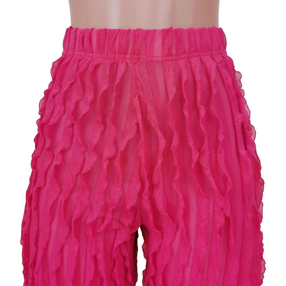 Women Pleated Ruffle Wide Leg Loose Pants Summer Female Mesh Wave Striped Full Trousers FDYFFZC-Y1260