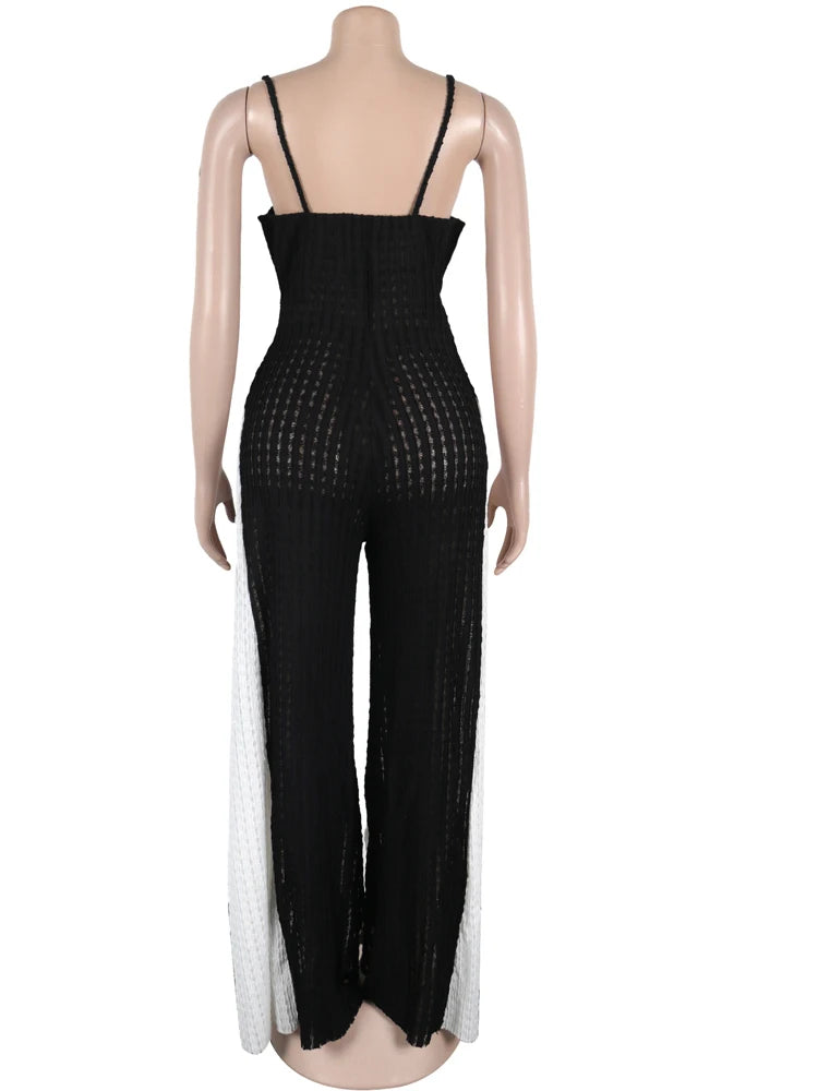 Beyprern Women's Patchwork Spaghetti Straps Knitted Wide Legs Jumpsuits One Piece Outfits Night Clubwear Female Workout Overalls