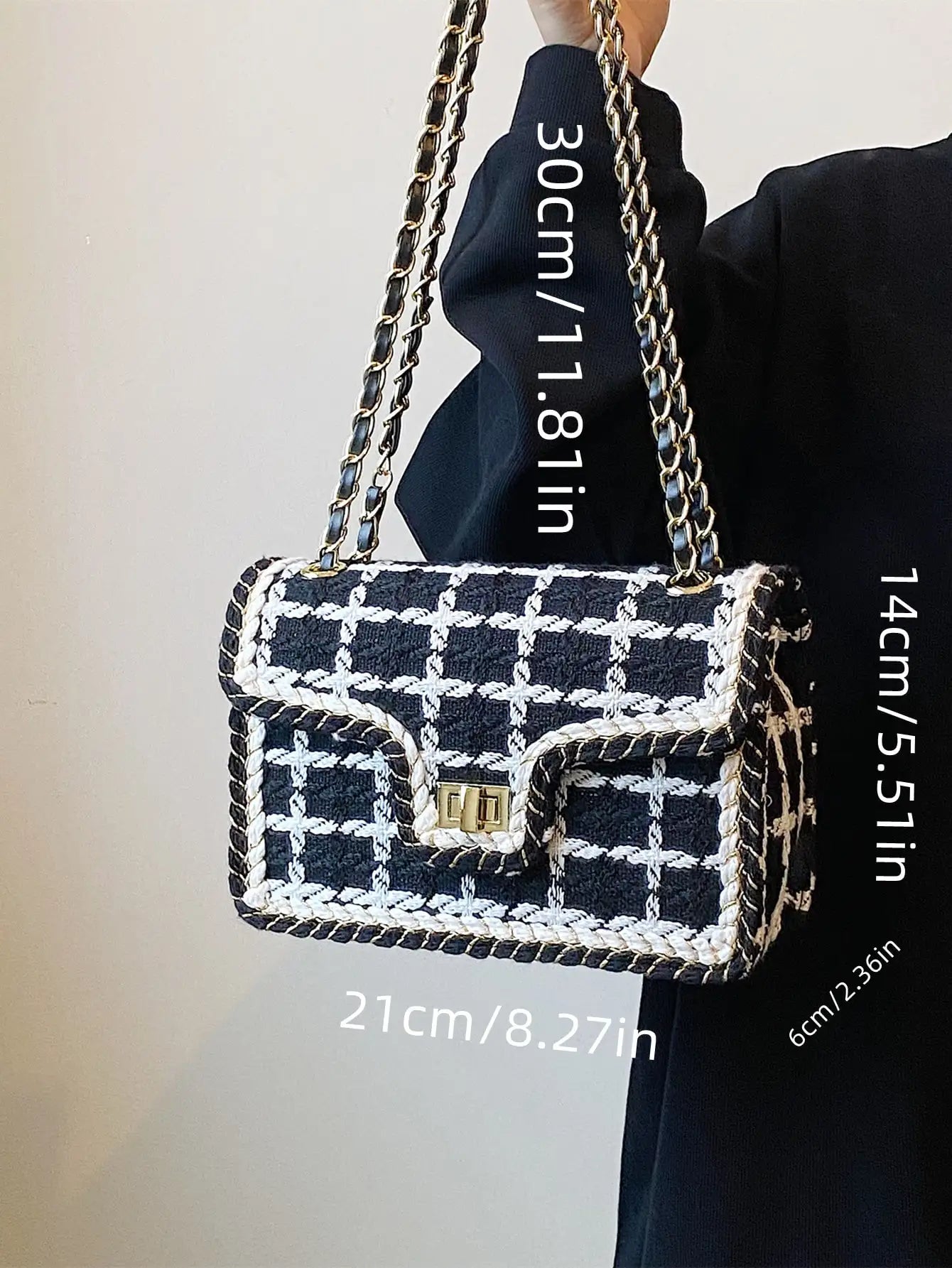 Black & White Plaid Casual Shoulder Bag Crossbody Handbag Women's Shoulder Bags Handbags With Top Handle Fashion Square Bag
