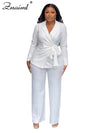 Znaiml Elegant Lapel Long Sleeve Top and Wide Leg Pants Two 2 Piece Sets Women White Office Lady Lace Up Blazer Business Outfits
