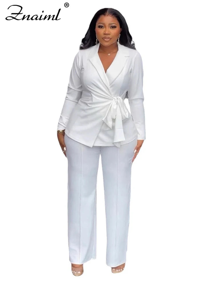Znaiml Elegant Lapel Long Sleeve Top and Wide Leg Pants Two 2 Piece Sets Women White Office Lady Lace Up Blazer Business Outfits