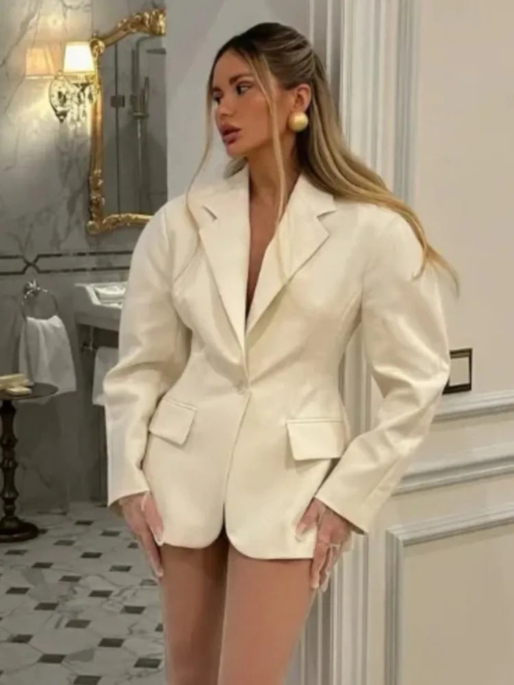 Elegant Blazer Coat Women Fashion Office Lady Waist Cinched Solid Suit Jackets 2025 New Spring Single Breasted Casual Outerwear
