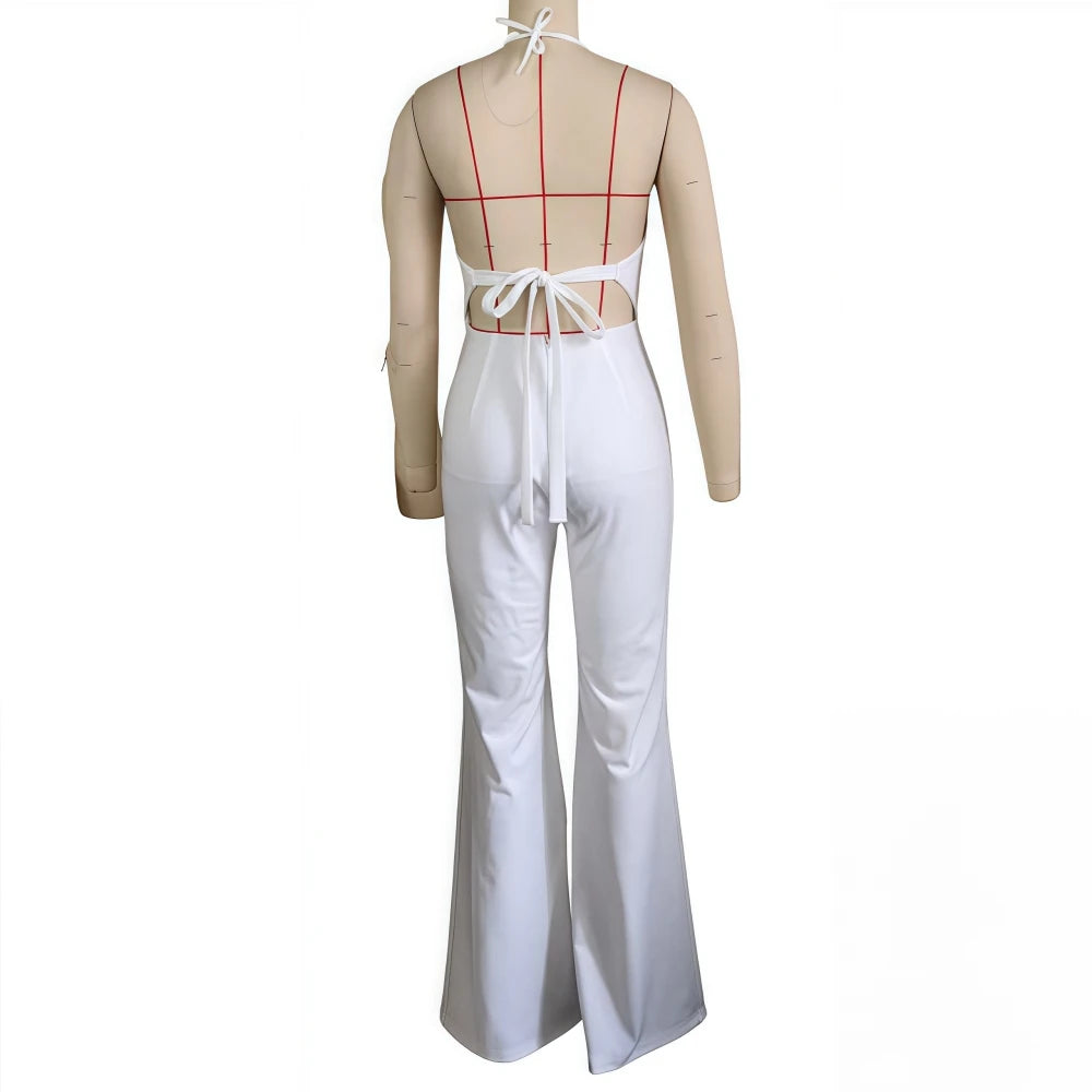 HLJ Elegant Beaded Patchwork Bodycon Jumpsuits Woman Sleeveless Backless Flare Pants One Piece Romper Female Streetwear Overalls