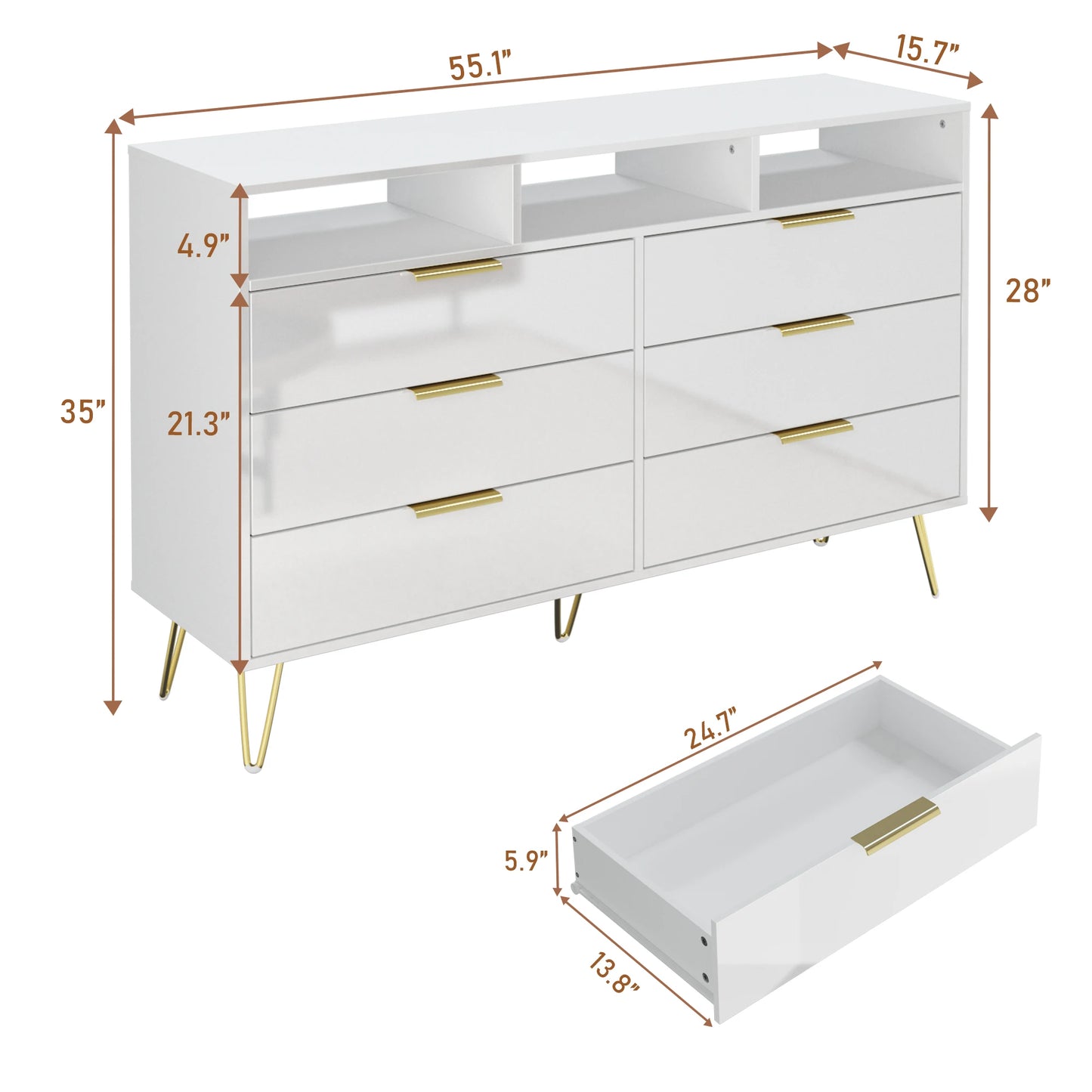 6 Drawers Dresser for Bedroom with LED Lights, High Gloss Chest of Drawers with Metal Legs, Modern Wood Closet Storage Organizer
