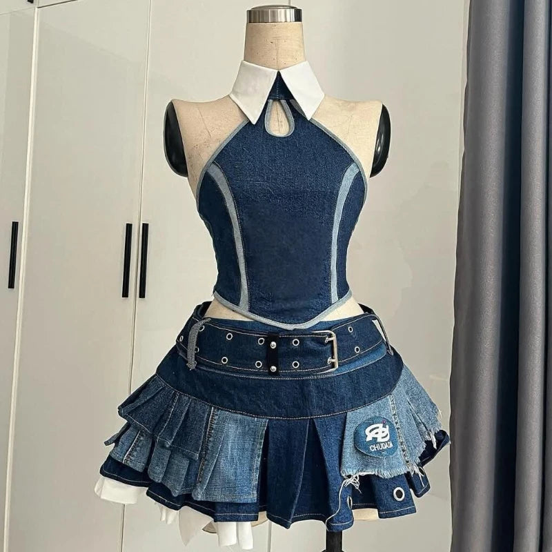 Punk Style Vintage Woman 2 Piece Sets Y2k Design Strapless Crop Tops + High Waist Ruffle Skirt Female Party Korea Style Outfits