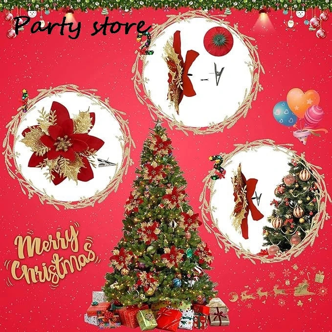 Silver Glitter Christmas Flowers Silver Xmas Tree Artifical Flower Ornaments Merry Christmas Decoration For Home Party New Year