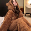 Brown Furry Pajama Sets Fluffy Teddy Bear Hooded Zipper Sleepwear Women Plush Warm Thick Christmas Homewear Y2K Kawaii Nightwear