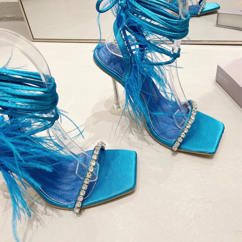 Eilyken Fashion Summer Rhinestone Feather Women Sandals Lace-up Cross-Tied Sexy Gladiator Square Toe Ladies High Heel Shoes