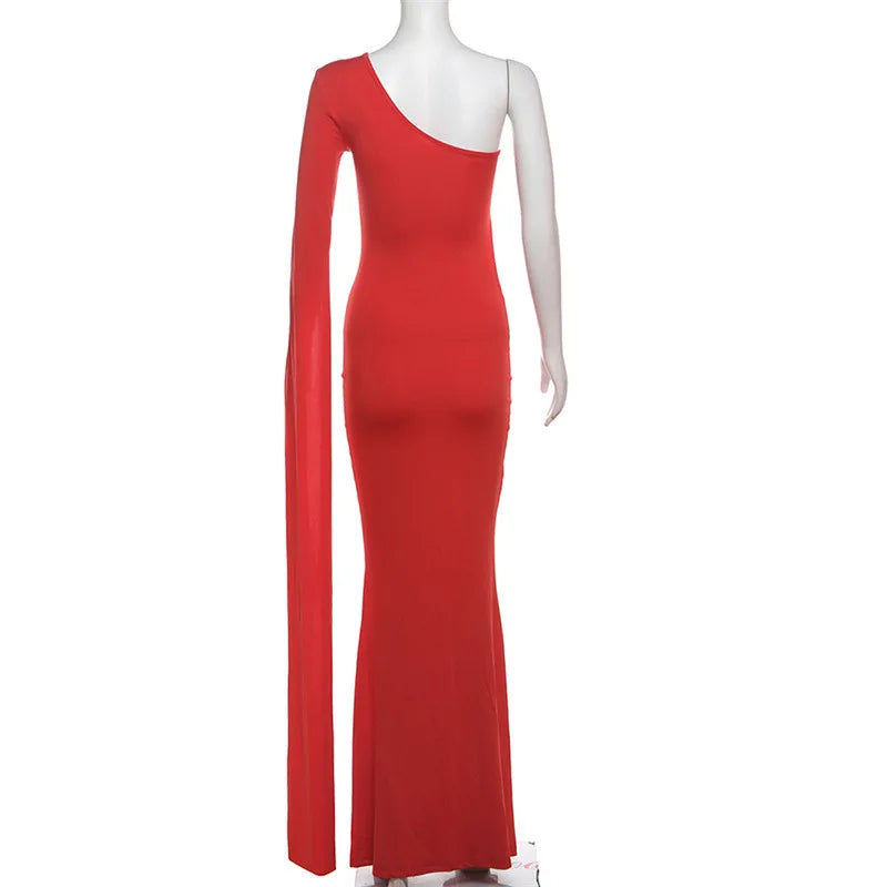DSMTRC Solid Trend Incline Shoulder Lengthen Single Sleeve Hollow High Street Women Maxi Dress Sexy Elegant Vestidos Attirewear