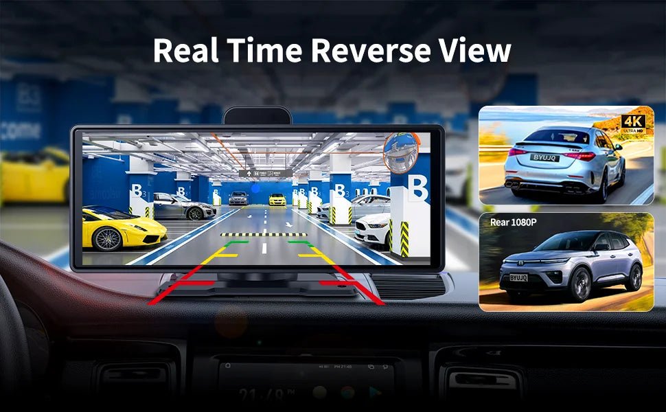 Imagebon 10.26" 4K ADAS Wireless CarPlay & Android Auto Dash Cam Night Vision 24h Park Monitoring Loop Recording GPS FM Car DVR