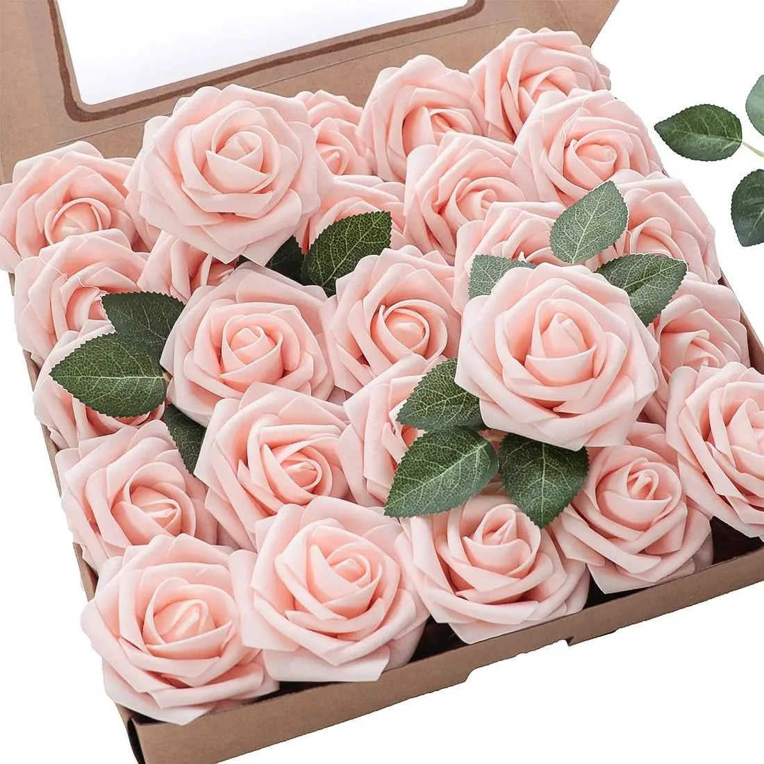 Artificial Flowers 25pcs Real Looking Blush Foam Fake Roses with Stems for DIY Wedding Bouquets Bridal Shower Centerpieces