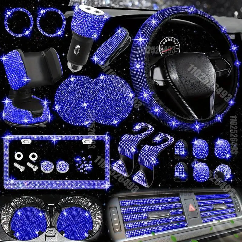 27PCS/Set Women Bling Universal Fit Polyester Steering Cover Shiny License Frame Phone Holder Coasters Tools Car Accessorie