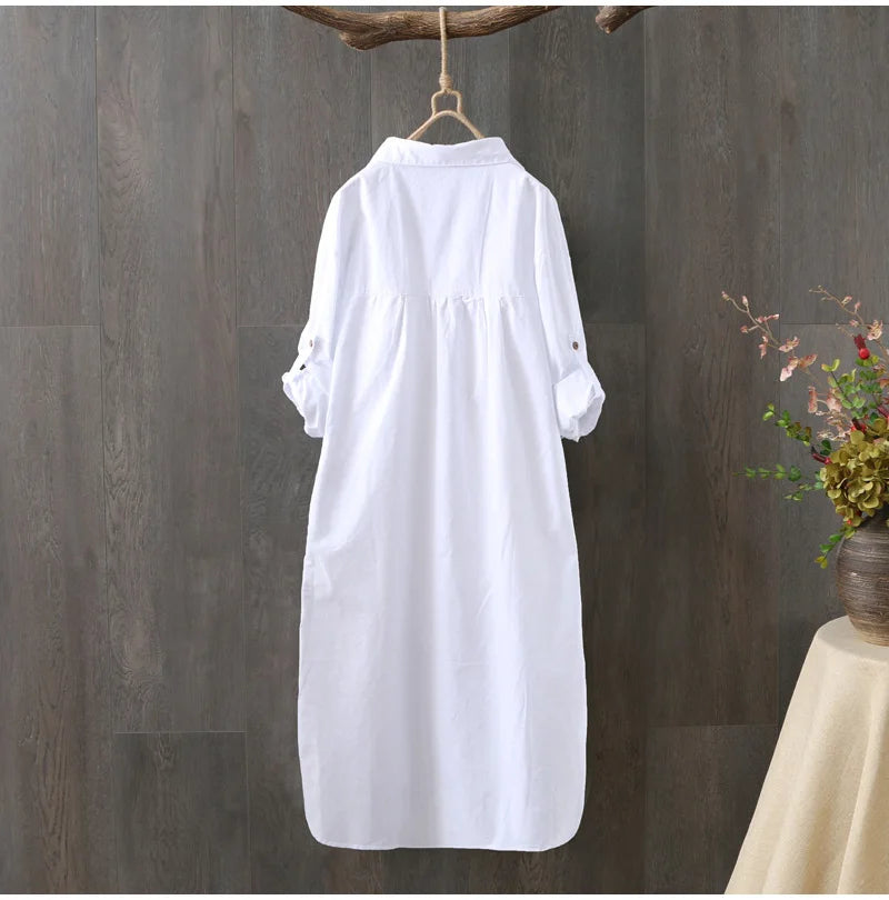 Women Cotton Embroidery Loose Long White Shirts 2025 Spring Autumn New Casual Office Lady Blouse Female Top Loose shirt