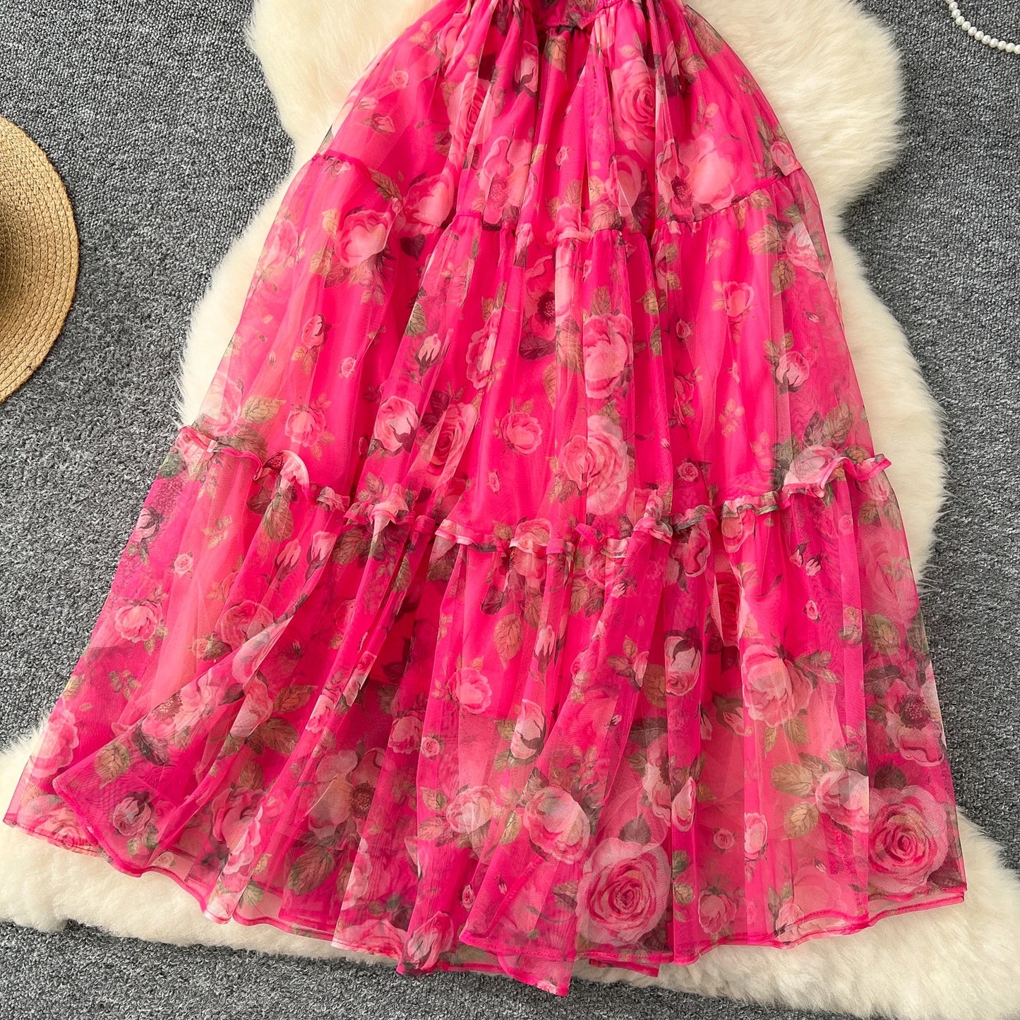 Elegant Slash Neck Vintage Short Puff Sleeve Chic Print Slim Chiffon Dresses French High Street Evening Autumn Mesh Clothing